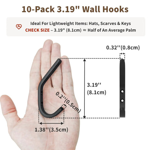 Hand holding a black wall hook with dimensions, part of 10 Pack Black Wall Hooks With 3.2 Inch Double Hooks For Coats Hats Bags And Keys.