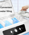 Massive Portable Evaporative Air Cooler With Giant Water Tank For Crisp Cold Fresh Air, Beat That Summer Heat While Rolling Around The Patio Or Garage, 57 Inch Oscillating Swamp Cooler filling water.