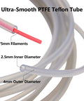 Ultra Smooth PTFE Teflon Tube Kit showing 1.75mm filament, 2.5mm ID, 4mm OD for Bambu Lab A1 P1 X1 K1 AD5M Series 3D Printers