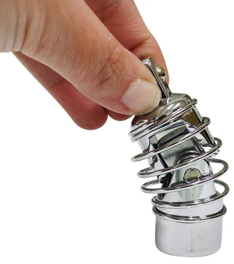 Heavy Duty 1/2 Inch Drive Spring Universal Joint Forged From Polished Stainless Steel, held in hand, designed for tight spaces.
