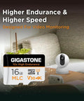 High Endurance Mlc Micro SD Card Built Tough For Dash Cams And Security Cameras Delivering No Sweat 4K Video Capture and Rock Solid Durability With Lightning Fast 95mb Transfer Speeds Including Adapter on a table next to a security camera.
