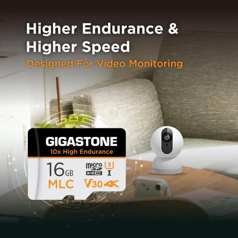 High Endurance Mlc Micro SD Card Built Tough For Dash Cams And Security Cameras Delivering No Sweat 4K Video Capture and Rock Solid Durability With Lightning Fast 95mb Transfer Speeds Including Adapter on a table next to a security camera.
