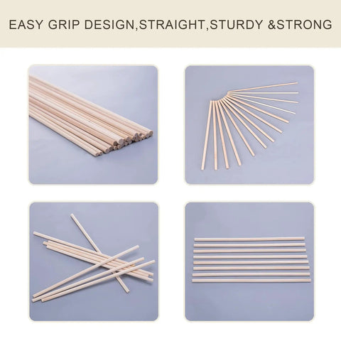 Premium Unfinished Birch Dowel Rods 1/4 X 6 In Natural Hardwood Sticks stacked and arranged for crafts and DIY projects.