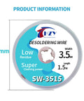 Label of desoldering wire spool, 3.5mm width, low residue, 50mm diameter, part of Desoldering Wick Braid Kit With Flux, 5 Pieces, 5 Foot Length, Solder Wick Set In 0.06 0.08 0.10 0.12 0.14 Inch Widths, No Clean Low Residue Coated Soldering Wick For PCB Electronics Repair No Fuss