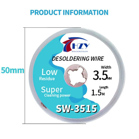 Label of desoldering wire spool, 3.5mm width, low residue, 50mm diameter, part of Desoldering Wick Braid Kit With Flux, 5 Pieces, 5 Foot Length, Solder Wick Set In 0.06 0.08 0.10 0.12 0.14 Inch Widths, No Clean Low Residue Coated Soldering Wick For PCB Electronics Repair No Fuss