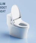 Round Bidet Toilet Seat With Wireless Remote Instant Warm Water Wash Heated Seat Air Dryer Deodorizer Night Light Eco Mode Top Shelf Comfort Fresh Clean Every Time No Sweat Install Bathroom Glow Up shown from front angle with lid open.