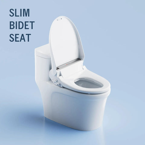 Round Bidet Toilet Seat With Wireless Remote Instant Warm Water Wash Heated Seat Air Dryer Deodorizer Night Light Eco Mode Top Shelf Comfort Fresh Clean Every Time No Sweat Install Bathroom Glow Up shown from front angle with lid open.