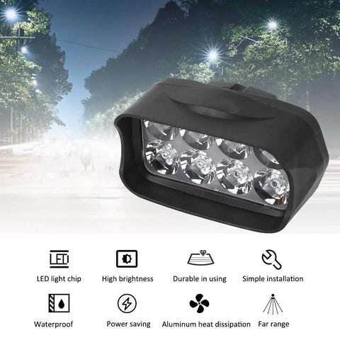 Ultra Bright Universal Headlight 12V To 100V LED Light showcasing clear night vision and easy install benefits for bikes and trikes