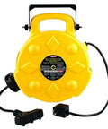 Retractable 50 Foot Cord Reel With Three Grounded Outlets 13 Amp Circuit Breaker LED Status Light 14 Gauge 3 Conductor Cable