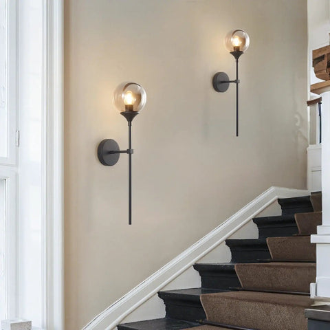 Sleek Smoke Grey Glass Globe Wall Sconce In Black Matte Finish With Slim Long Wall Mount Lamp Vintage Industrial Vibe For Hallway Stairs