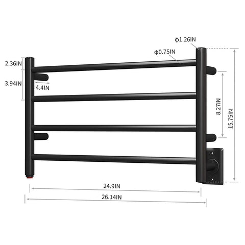 Dimensions of 4 Bar Towel Warmer And Dryer Wall Mounted Plug In Bath Towel Heater Matte Black Energy Efficient 60W Fast Heat To 130 F