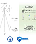 Diagram of Lit Modern Tripod Floor Lamp, 58 inches tall, black finish, gold shade, leather-accented, dimmer compatible, 9W LED bulb.
