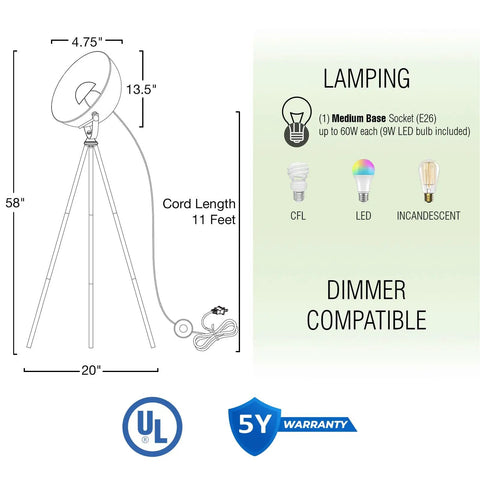 Diagram of Lit Modern Tripod Floor Lamp, 58 inches tall, black finish, gold shade, leather-accented, dimmer compatible, 9W LED bulb.