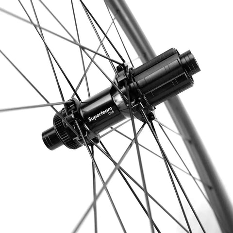 Close-up of Superteam hub on Dope Carbon Disc Brake Road Wheelset 700C Clincher Tubeless Ready U Shape Rim Deep Sections 38mm 50mm 60mm 88mm
