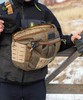Fly Fishing Sling Pack With Quick Access Chest Design For River Runs, Ultra Lightweight Tackle Storage With Large Capacity shown outdoors