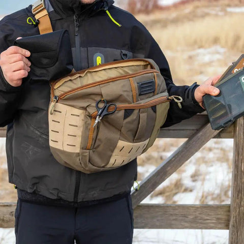 Fly Fishing Sling Pack With Quick Access Chest Design For River Runs, Ultra Lightweight Tackle Storage With Large Capacity shown outdoors