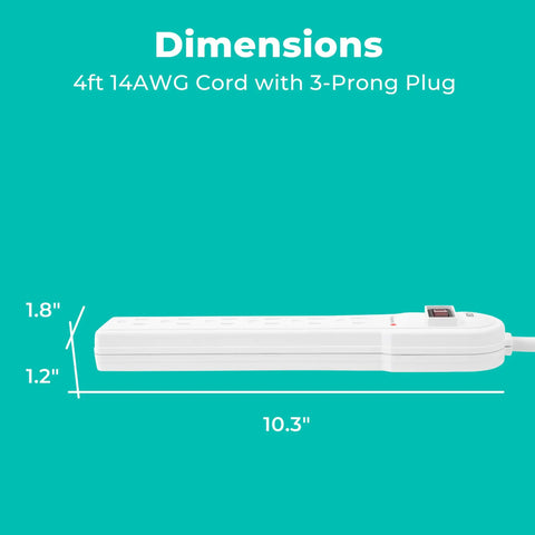Dimensions of Six-Outlet Surge Protector Power Strips 2-Pack 900 Joule Protection 4-Foot Cord shown with 1.8” height and 10.3” length.