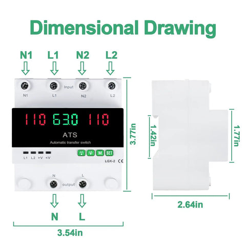 Dimensional drawing of 63A 110V Automatic Manual Transfer Switch with L1 Priority Phase Selector LED Display, DIN rail mount, 50/60Hz.