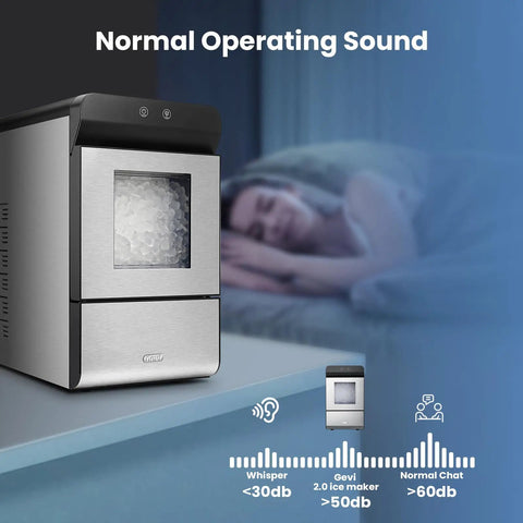 Countertop Nugget Ice Maker Featuring Clear Viewing Window In Silver Finish with ice in the tank, compact design, and whisper-quiet operation.