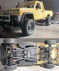 1/12 yellow Toyota Land Cruiser RC Crawler Truck, 4x4 off-road, detailed chassis, proportional steering visible.