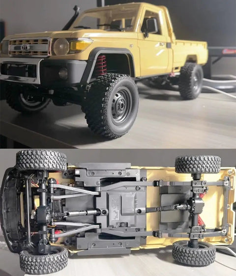 1/12 yellow Toyota Land Cruiser RC Crawler Truck, 4x4 off-road, detailed chassis, proportional steering visible.