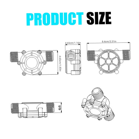 Technical drawing of Portable Lightweight 12V Water Turbine Generator For Off Grid Charging Small Devices and Camping Gear dimensions.