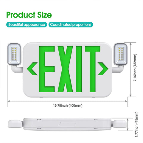 LED Combo Emergency Exit Sign Light With Two Adjustable Heads And Backup Battery For Commercial Spaces US Standard Green Letter UL 924 Approved Easy Install With Energy Efficient LED Lighting 120 277V 4 Pack, dimensions shown
