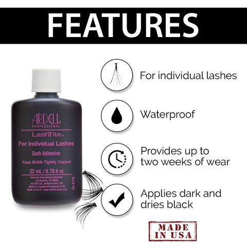 LashTite Dark Lash Adhesive for Individual Lashes 0.75 oz bottle with strong hold and waterproof features, made in USA