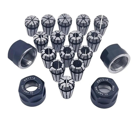 All In One 19 Piece ER11 Precision Spring Collet Set With 1mm Through 7mm And One Eighth And One Quarter Inch Sizes, ER11A Clamping Nuts, M14 Thread