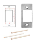 Deadbolt Strike Plate Restorer That Fixes Door Latch Misalignment and Sticking, Large Hole and Narrow Edge Frame for Easy, No More Jam, Aging Door Solution, Quick Fit, Silver, shown with installation diagram and wooden dowels.