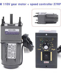 6W 110V gear motor and speed controller with 27RPM capacity, showcasing control knob and wires suitable for industrial applications.