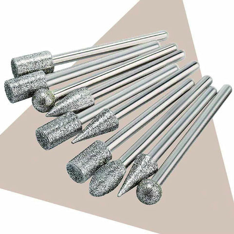 Stone carving diamond burr set with 1/8 in shank; front view shows assorted burr shapes for grinding and polishing.