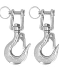Heavy Duty Lifting Clevis Chain Hook Set, 304 Stainless Steel 360 Rotating Safety Latch, close-up of two hooks.