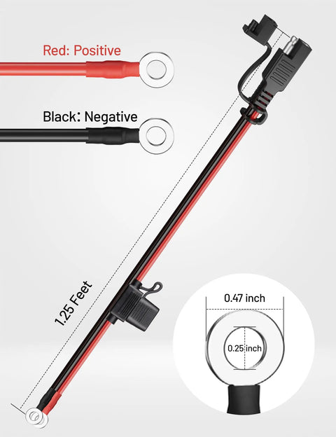 1.25Ft SAE To O Ring Terminal Harness And Battery Charger Cord With 10A 15A 20A Fuses UL Certified 2 Pin Connector