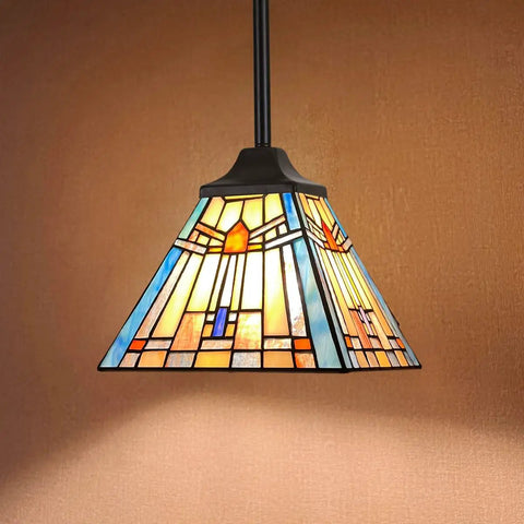 Tiffany Style Stained Glass Pendant Light, 1 Light Mission Antique Ceiling Lamp For Kitchen Island And Dining Room, 8 Inch Shade