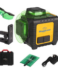 Pro Grade 3X360 Degree Self Leveling Laser Level Featuring Bright Green Cross Lines, includes mount, glasses, and charger.
