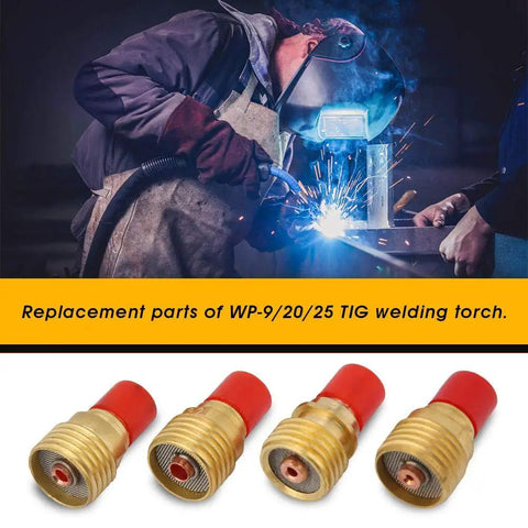 TIG Welding Nozzles 46 Piece Set For WP9 20 25 Series Torch Consumables displayed with welder using torch