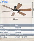 Cool Remote Ceiling Fan With Light 52 Inch, Low Profile Flush Mount, Quiet DC Motor, Dimmable RGB LED, Brown Finish