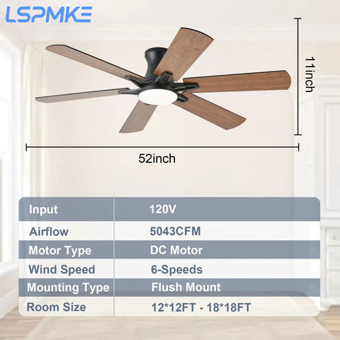 Cool Remote Ceiling Fan With Light 52 Inch, Low Profile Flush Mount, Quiet DC Motor, Dimmable RGB LED, Brown Finish