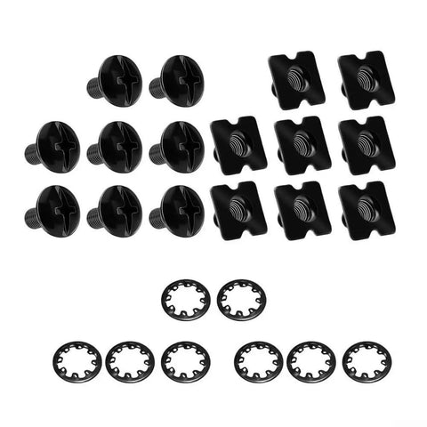 Get This Super Cool Set Of 25 Football Backplate Screws Perfect For Quick Repairs With Anti Loosening Design Nuts And Internal Locking Bushings Included In A Handy Storage Box For Any Athlete Needing Durable Gear Upgrades., black metal football backplate screws, nuts and lock washers laid out