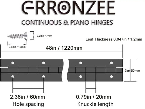 Heavy Duty 48 Inch Stainless Steel Piano Hinge Continuous Cabinet Door Hardware 2 Inch Wide diagram with dimensions and screw