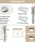 Dimensions and details of metal pop up drain included with LED Temperature Sensing Bathroom Faucet With Color Changing LED Brushed Nickel Finish Sleek Waterfall Style Single Hole Vanity Faucet With Side Handle Dope Look Includes Metal Pop Up Drain And Two Water Supply Lines, no overflow feature.