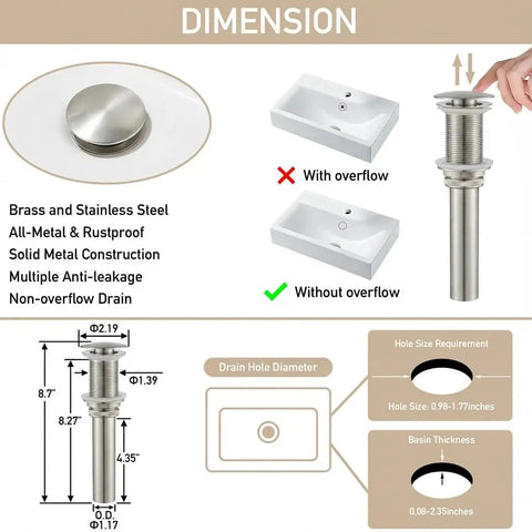 Dimensions and details of metal pop up drain included with LED Temperature Sensing Bathroom Faucet With Color Changing LED Brushed Nickel Finish Sleek Waterfall Style Single Hole Vanity Faucet With Side Handle Dope Look Includes Metal Pop Up Drain And Two Water Supply Lines, no overflow feature.