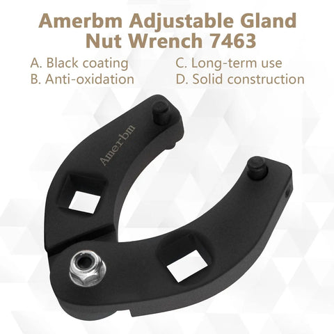 Amerbm Adjustable Gland Nut Wrench 7463 with black coating, solid construction, two pinholes, and anti-oxidation feature.