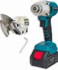 Powerful Cordless Electric Metal Shears With Swivel Head For Cutting Stainless Steel Iron Sheet Metal And Carpet Variable Speed Settings Battery Charger Included Portable Carry Case Made Easy Heavy Duty Cuts showing the shear and battery.