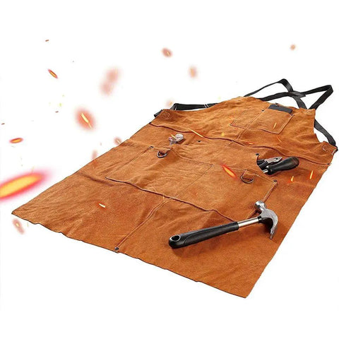 Leather Welding Apron With Flame Resistant Shield And Six Tool Pockets, Built To Last Tough As Nails Heavy Duty Forge Apron