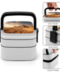 Pyramid Africa Desert Bento Box Leakproof Double Layer Lunch Box with handle, showing snap button and layered design detail.