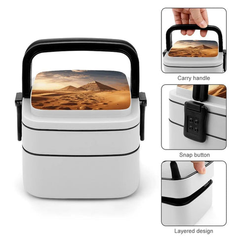 Pyramid Africa Desert Bento Box Leakproof Double Layer Lunch Box with handle, showing snap button and layered design detail.