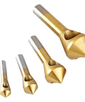 4 Piece Titanium Coated Countersink Chamfer Deburring Tool Set For Wood Metal PVC Aluminum Insulation Board Holes 2 To 5 Millimeters 5 To 10 Millimeters 10 To 15 Millimeters 15 To 20 Millimeters For Home Improvement With High Speed Steel Bits