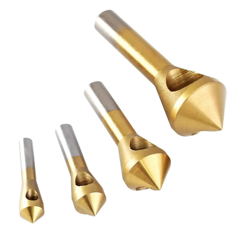 4 Piece Titanium Coated Countersink Chamfer Deburring Tool Set For Wood Metal PVC Aluminum Insulation Board Holes 2 To 5 Millimeters 5 To 10 Millimeters 10 To 15 Millimeters 15 To 20 Millimeters For Home Improvement With High Speed Steel Bits